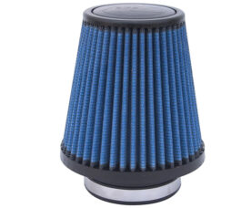 Blue conical pleated air filter (car engine intake) with black top and base rim, for improved airflow