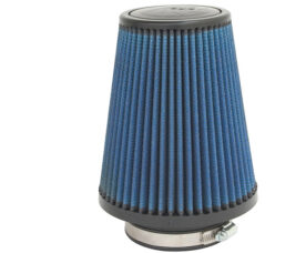 Conical blue car engine air filter with a metal base and clamp collar for mounting on an intake pipe