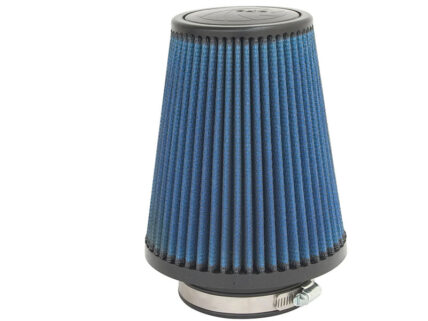 Conical blue car engine air filter with a metal base and clamp collar for mounting on an intake pipe