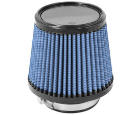 Cone-shaped blue pleated air filter with black rims and a metal base clamp.