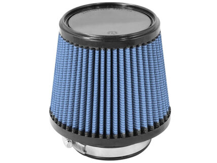 Cone-shaped blue pleated air filter with black rims and a metal base clamp.