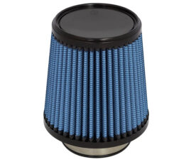 Blue pleated cone air filter with black ends for automotive use.