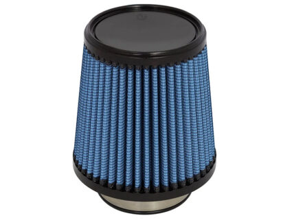 Blue pleated cone air filter with black ends for automotive use.