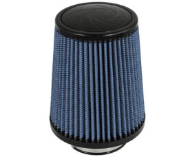 Blue pleated cylindrical air filter with black end caps.