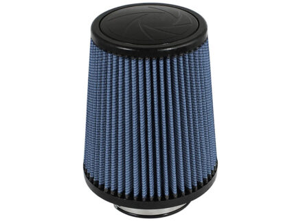 Blue pleated cylindrical air filter with black end caps.