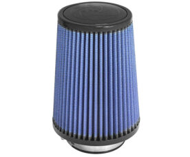 Blue cone-shaped pleated air filter for a car engine with black end caps.