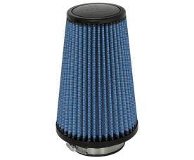Conical blue performance air filter with a metal clamp at the base for install in a car engine bay