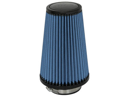 Conical blue performance air filter with a metal clamp at the base for install in a car engine bay