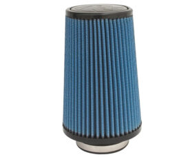 Blue pleated cone air filter with black top and bottom rims, designed for engine air intake.