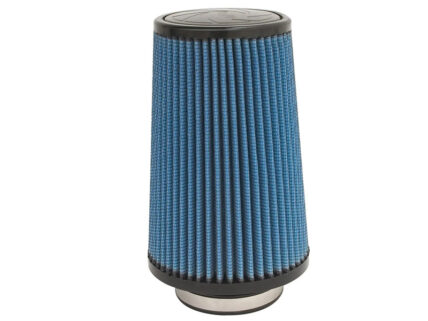 Blue pleated cone air filter with black top and bottom rims, designed for engine air intake.