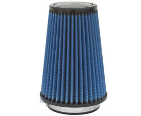 Blue cone air filter with black trim at top and base, used for car engine intake filtering air