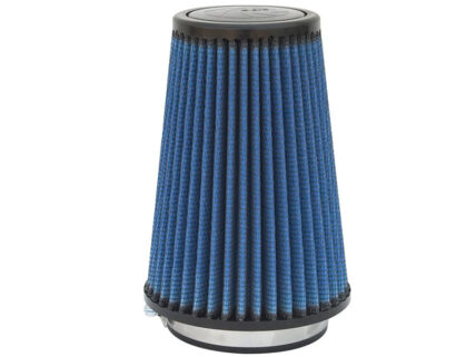 Blue cone air filter with black trim at top and base, used for car engine intake filtering air