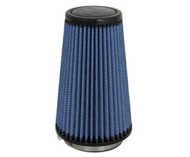 Blue conical air filter with pleated fabric and black end caps, designed for automotive intake systems.