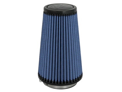 Blue conical air filter with pleated fabric and black end caps, designed for automotive intake systems.