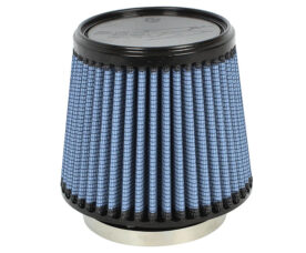 Conical blue air filter with a metal base for a car engine intake