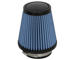 Cone-shaped blue car air filter with a metal clamp at the base used in engine intake systems at the top.