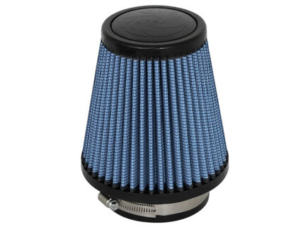 Cone-shaped blue car air filter with a metal clamp at the base used in engine intake systems at the top.