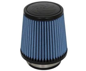 Blue conical car air filter with black plastic caps at top and bottom, featuring pleated fabric.