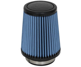 Blue conical pleated air filter with black top and bottom, used in automotive air intake systems