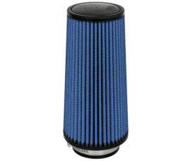 Blue pleated cylindrical air filter with black end caps, used for automotive intakes (performance filter).