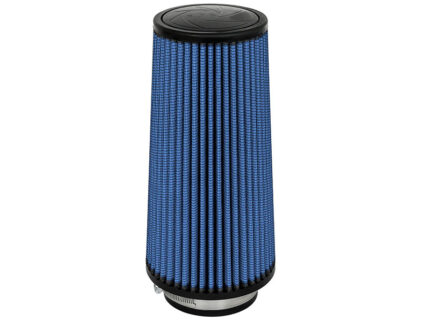 Blue pleated cylindrical air filter with black end caps, used for automotive intakes (performance filter).