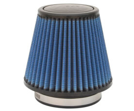 Blue pleated cone air filter with black end caps, used in car engines.