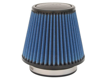 Blue pleated cone air filter with black end caps, used in car engines.