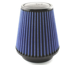 Cone-shaped blue pleated air filter with black top and bottom caps, used in automotive engines
