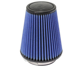 Blue conical automotive air filter with pleated fabric and black end caps, used in engine intake systems on performance setups (air intake filter).","Conical blue air filter element with pleats for engine air intake." ,"Blue pleated cone air filter for car engine intake." ,"Performance air filter: blue, cone-shaped with black rims." ,"Automotive air filter, blue pleated cone design for engine intake."