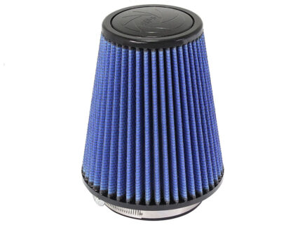 Blue conical automotive air filter with pleated fabric and black end caps, used in engine intake systems on performance setups (air intake filter).","Conical blue air filter element with pleats for engine air intake." ,"Blue pleated cone air filter for car engine intake." ,"Performance air filter: blue, cone-shaped with black rims." ,"Automotive air filter, blue pleated cone design for engine intake."