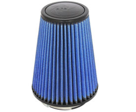 Conical blue pleated air filter with black plastic ends for a vehicle engine