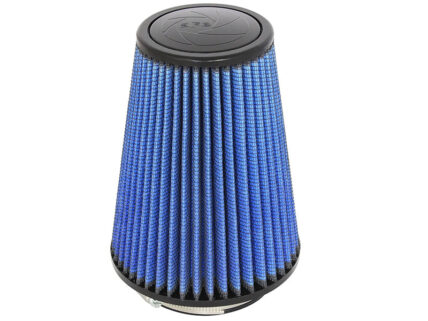 Conical blue pleated air filter with black plastic ends for a vehicle engine