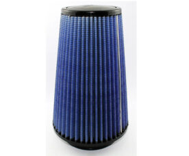 Blue pleated cone air filter with black ends on a white background.