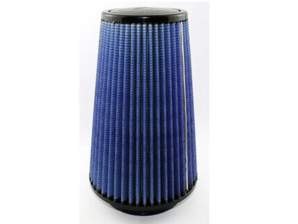 Blue pleated cone air filter with black ends on a white background.