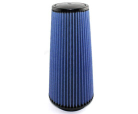 Blue pleated cone air filter with black ends, designed for automotive use