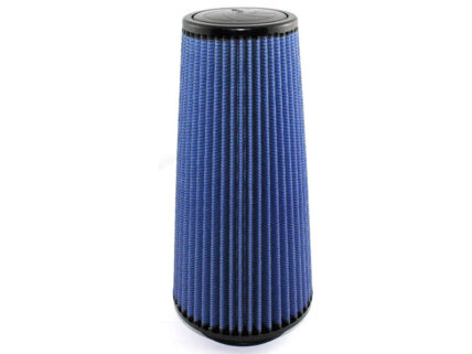 Blue pleated cone air filter with black ends, designed for automotive use