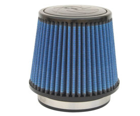 Blue pleated cone air filter with black ends and metal base for a car engine