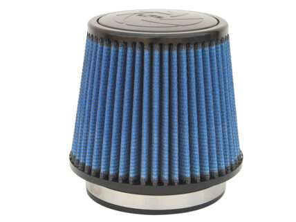 Blue pleated cone air filter with black ends and metal base for a car engine