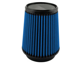 Blue conical automotive air filter with blue pleated fabric and black end caps