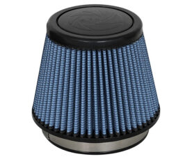 Cone-shaped air filter with blue pleated material, black top, and metal base.