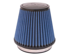 Conical blue pleated air filter with black rims for automotive engine intake.