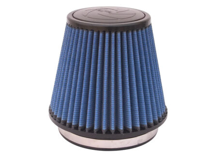 Conical blue pleated air filter with black rims for automotive engine intake.