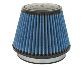 Blue cone automotive air filter with black top and metal base, used in engine intake.",