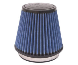 Conical blue pleated air filter for a car’s intake, with black top and base rings and metal bottom edge.