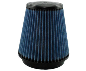 Blue conical pleated air filter with black rims, likely for a vehicle's intake system