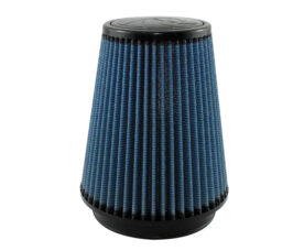 Blue pleated cone air filter with black end caps, used in automotive engines