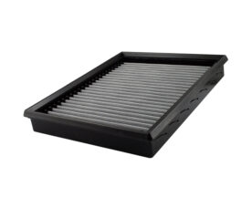 Black rectangular HVAC/air filter with pleated gray media inside a plastic frame.