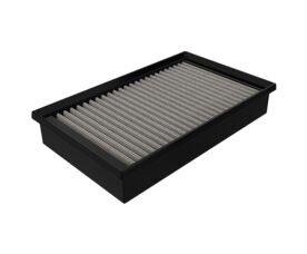 Rectangular black air filter with pleated gray filter media inside a frame (HVAC/car)