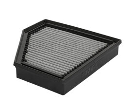 Rectangular automotive engine air filter with pleated filtration media in a black plastic frame