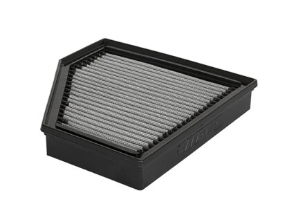 Rectangular automotive engine air filter with pleated filtration media in a black plastic frame